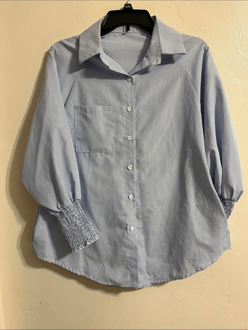 Oversized Blue Pinstripe Button-Down Shirt Pockets with Smocked Cuffed Sleeves